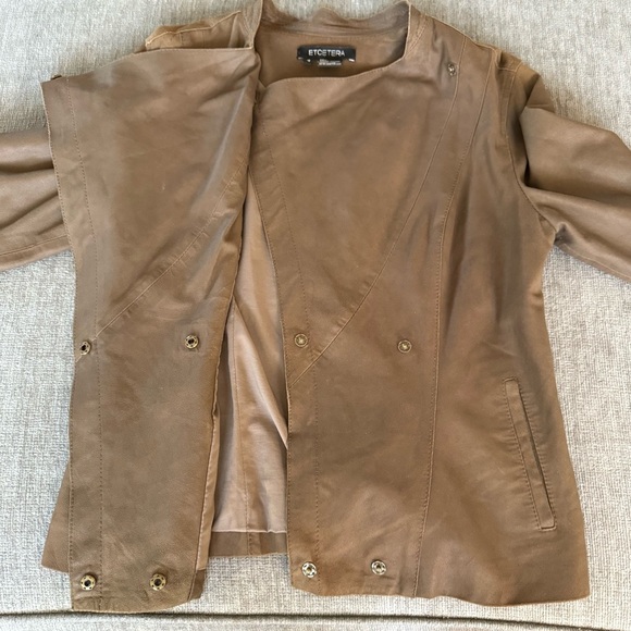 Etcetera Women Brown Genuine Leather Asymmetrical Snap Jacket Size 4 Taupe Moto - Picture 14 of 15